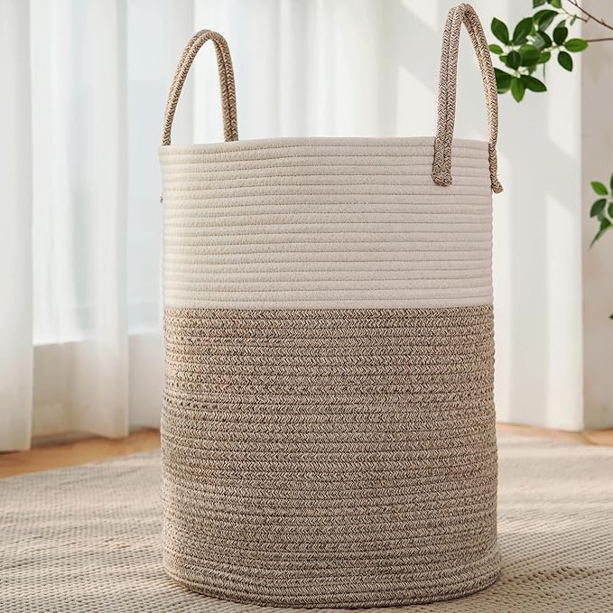 Large Woven Laundry Basket Hamper, 60L Cotton Rope Storage Bin by JMvicyroam