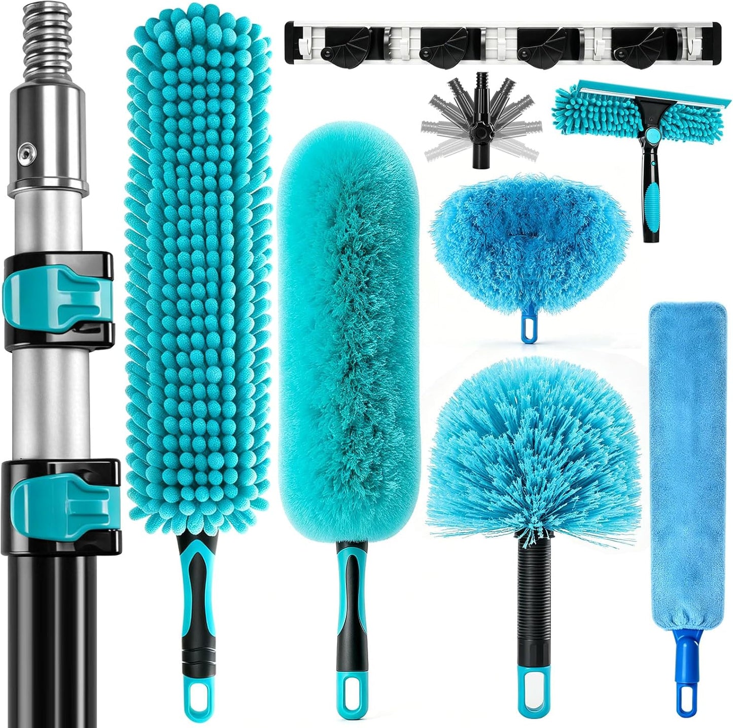 FIDISP 20 Foot High Duster with Extension Pole 4.5-12FT, 1.2" Thick Aluminum Wobble-Free Handle, 9 PCS Ceiling Fan Cleaner Duster Kit with Hooks, Spider Web Brush with Pole for High Ceilings & Outdoor
