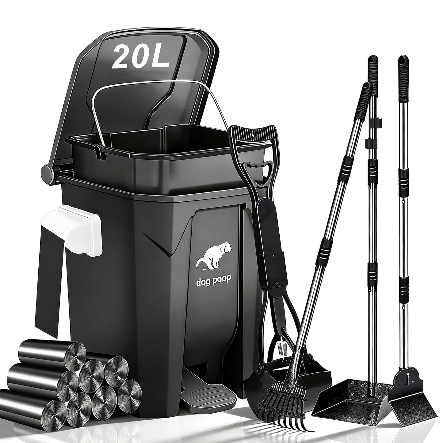 Dog Poop Trash Can Outside - 20L/5Gal Pooper Scooper Sets and Spade, Black | Outdoor Trash Can with Lid, Inner Bucket, Dog Poop Scooper Set, Metal Tray, Rake and Spade, 100 Trash Bags & Storage Box