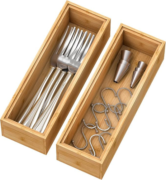 Bamboo Kitchen Drawer Organizer, Stackable Silverware Tray Utensil Organizer by Bambloom