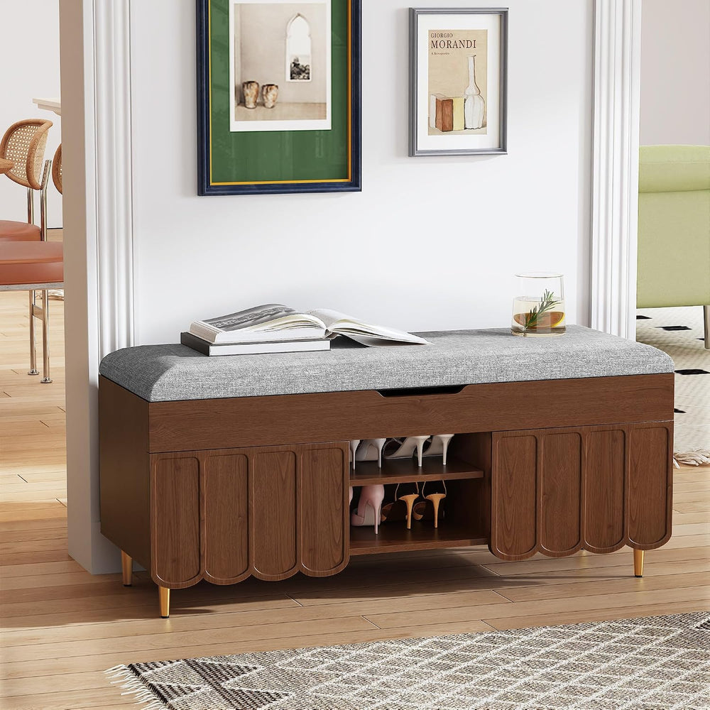 3More 40" Upholstered Flip Top Entryway Shoe Bench, Walnut