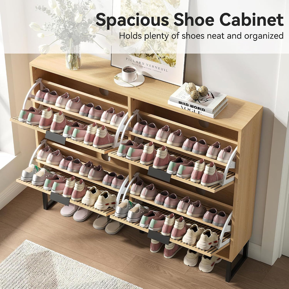 Modren Shoe Cabinet with 4 Flip Drawers and Metal Legs, Walnut丨Narrow Wood Sh...
