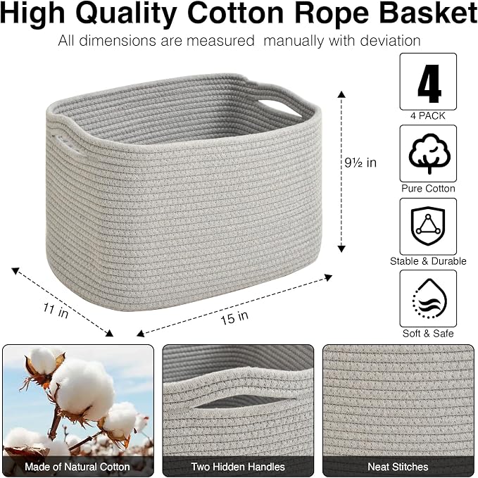 Storage Baskets for Organizing & Shelves, Woven Cotton Rope Organization Bins - Image 3