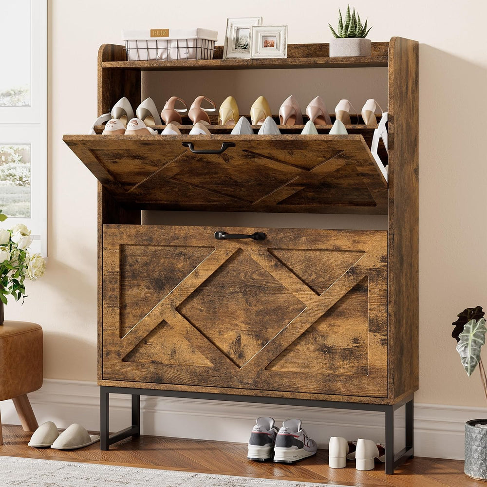 Nicetree Shoe Storage Cabinet with 2 Flip Drawers, Freestanding Wood Shoe Org...