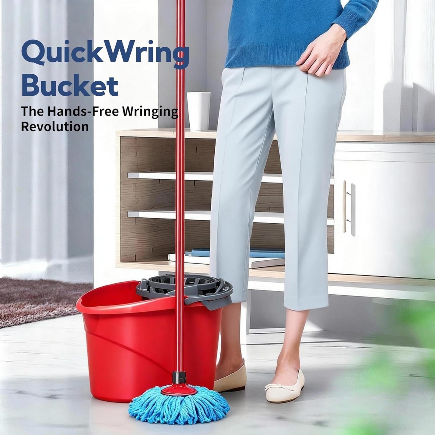 Quick Wring Hands-Free Mop Bucket 2.5 Gallon Red, Mop Bucket with Built-in Wringer for Home Hardwood Laminate Tile Floor Cleaning
