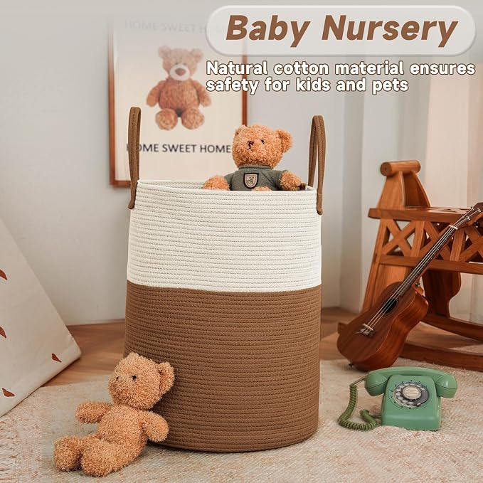 Large Woven Laundry Basket Hamper, 60L Cotton Rope Storage Bin - Image 2