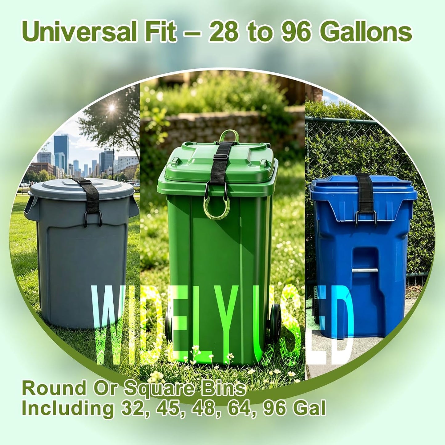 Trash Can Lock - 2 Easy-Pull Tabs for Clean Hands, Bear & Raccoon Proof Lid Lock with Heavy Duty Metal Double Claw Hook, Windproof Adjustable Strap, Fits 28-96 Gal Outdoor Bins
