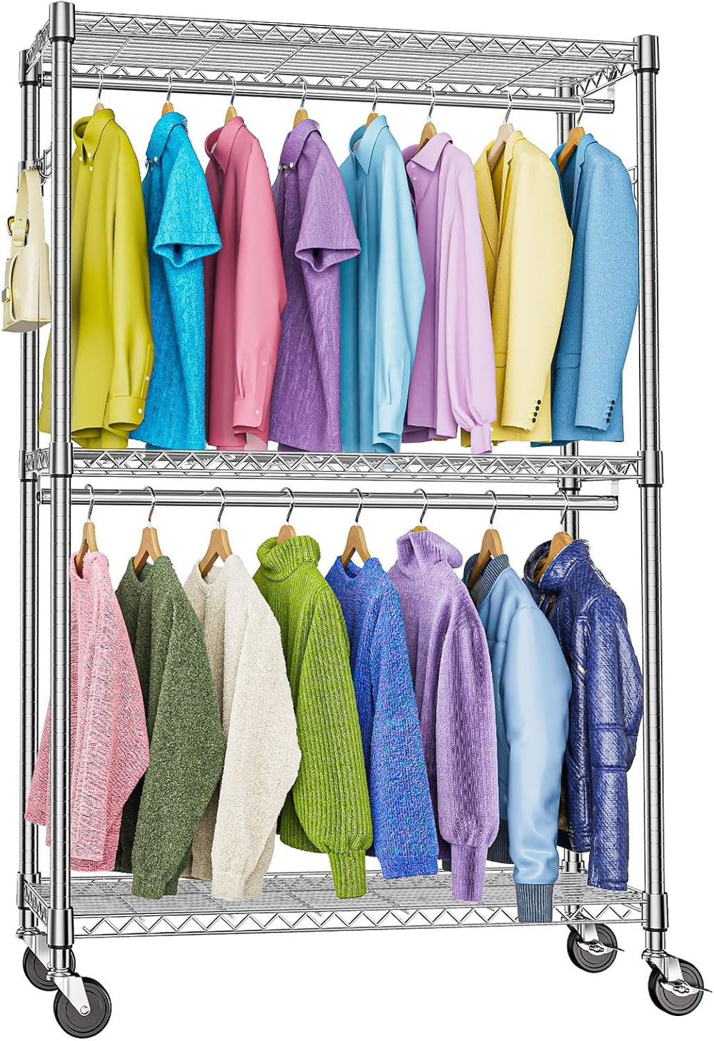 Heavy Duty Rolling Garment Rack 3 Tiers Adjustable Wire Shelving Clothes Rack
