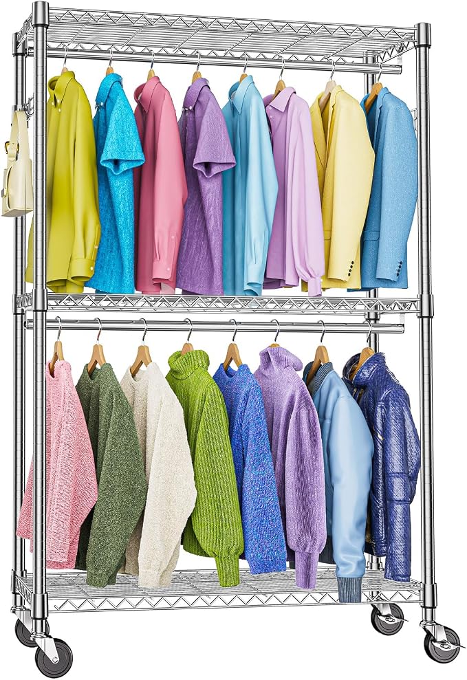 Heavy Duty Rolling Garment Rack 3 Tiers Adjustable Wire Shelving Clothes Rack by MEIGAOPLASTICANDMETALHKCOLIMITED