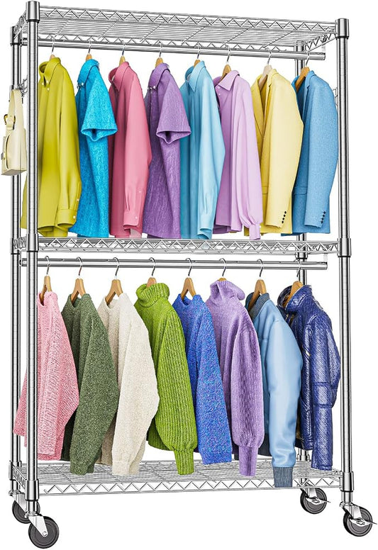Heavy Duty Rolling Garment Rack 3 Tiers Adjustable Wire Shelving Clothes Rack by MEIGAOPLASTICANDMETALHKCOLIMITED