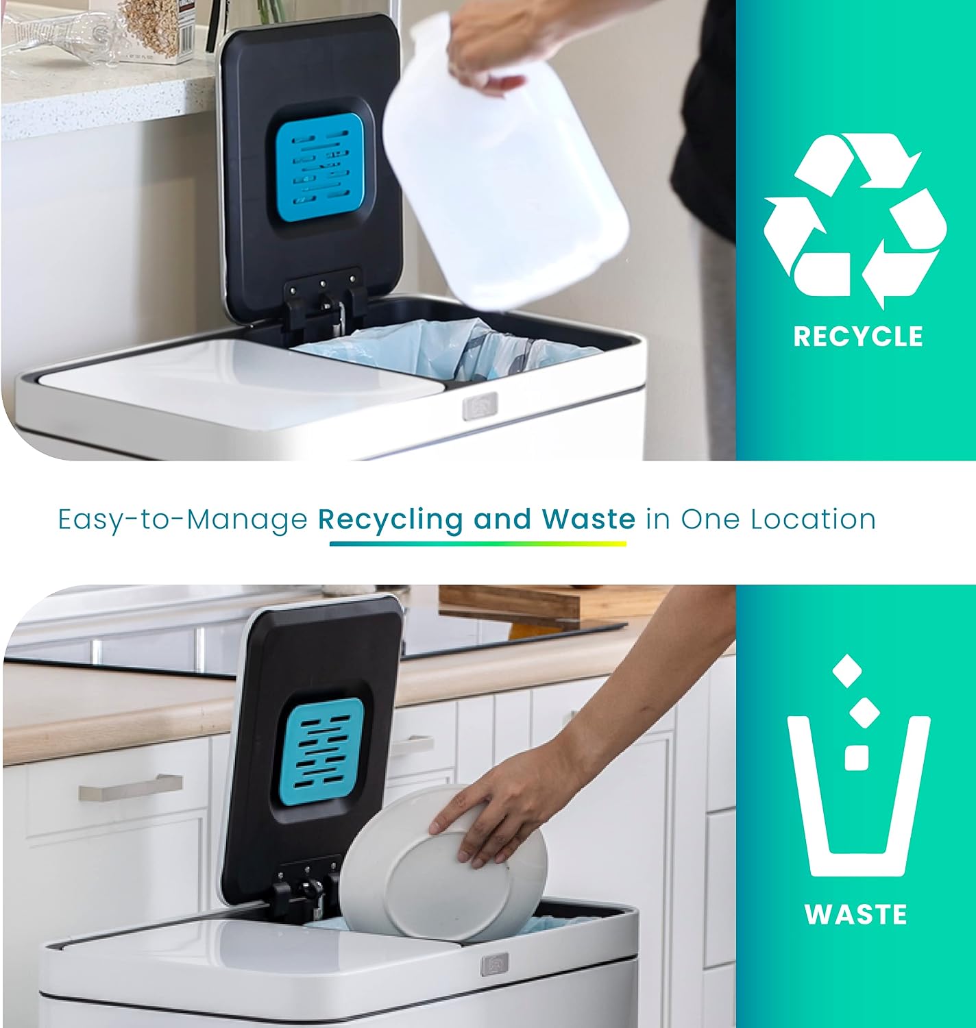 Home Zone Living 16 Gallon Kitchen Trash Can with Dual Compartments for Recycling, CleanAura Odor Control, Stainless Steel, Matte White, 60 Liters Total