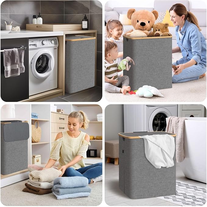 BALEINE Laundry Hamper with Lid, Tall Laundry Baskets with Bamboo Pull Handles - Image 8