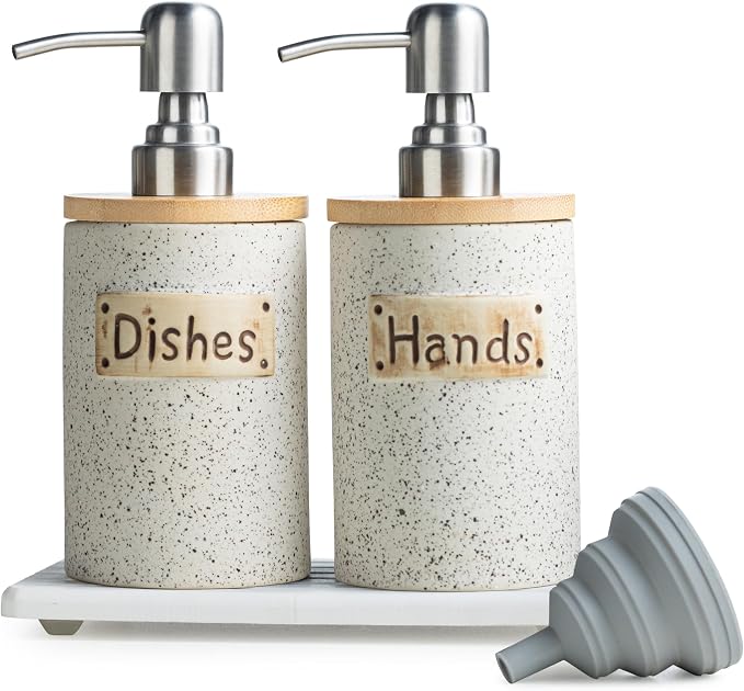 Kitchen Soap Dispenser Set, Ceramic Hand and Dish Soap Dispenser Set by YHOSSEUN
