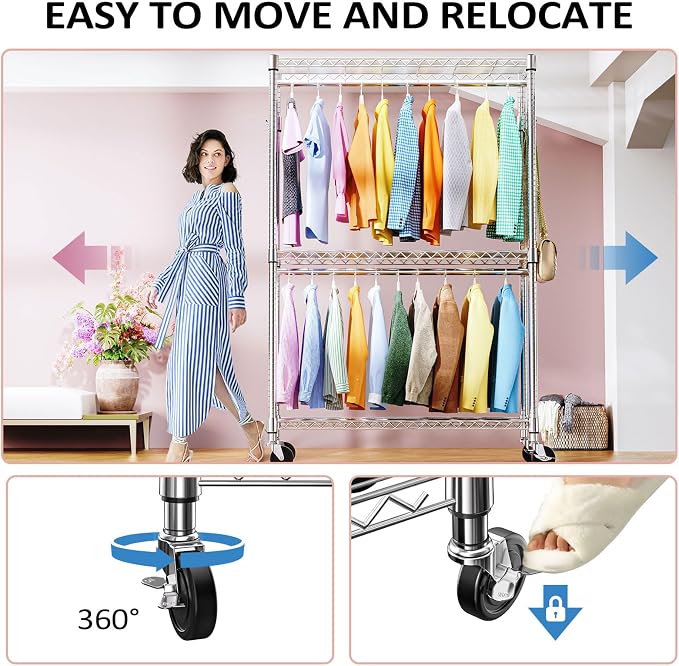 IZEUK 3-Tier Heavy Duty Rolling Garment Rack, Chrome Metal Freestanding Closet - Image 3