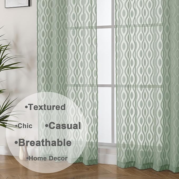 Aiyufeng Sheer Curtains 63 Inch Length 2 Panels Set, Solid Green Airy Light - Image 8