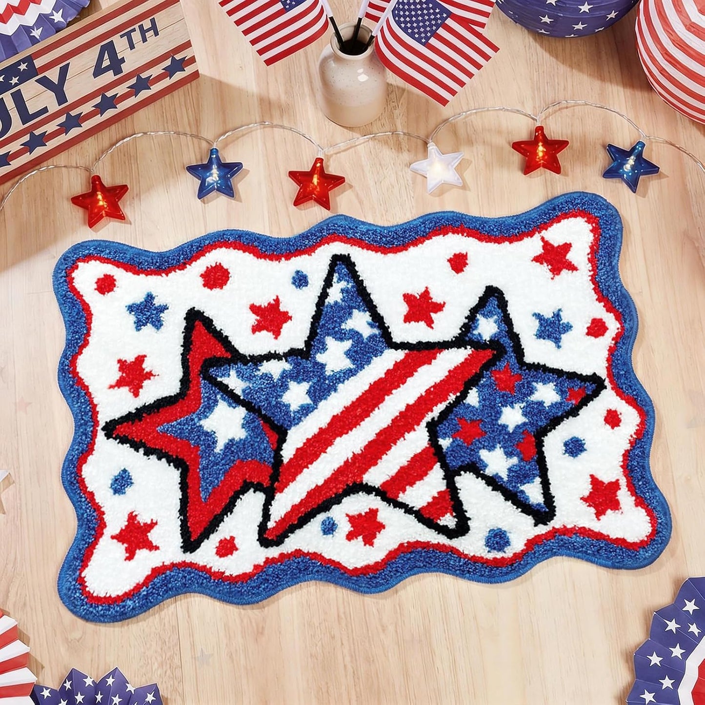 Lindameler 4th of July Bath Mat Soft Washable Patriotic Bath Rug 20 X 30 Inch American Flag Red Blue Stars Patriotic Rug Doormat for Independence Day Decorations