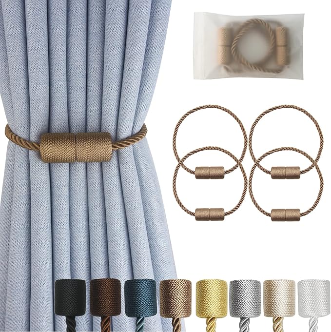 Magnetic Curtain Tiebacks 4 Pack Khaki Curtain Rope Tieback Curtain Holders by CURTAINTIEBACKS
