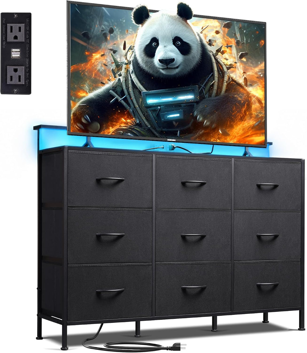 WLIVE Black Dresser TV Stand 9 Drawers, Fabric Chest of Drawers LED Lights