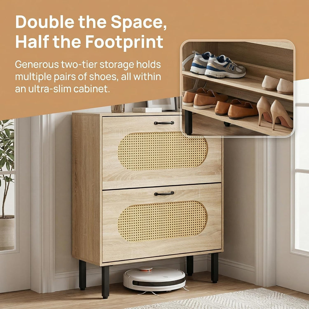 SUNCROWN 2 Flip Drawers Shoe Storage Cabinet, Freestanding Narrow Entryway Or...