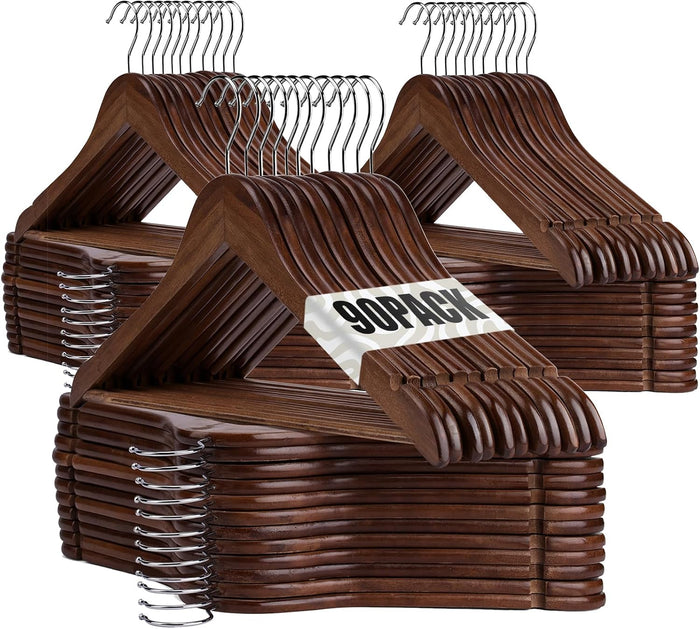 Wooden Hangers 90 Pack,Wooden Clothes Hanger for Daily Used,Heavy Duty Wood Hangers with Pant Bar & Precisely Cut Notches,Premium Hanger for Heavy Coats,Shirts,Suits,Dresses (Walnut)
