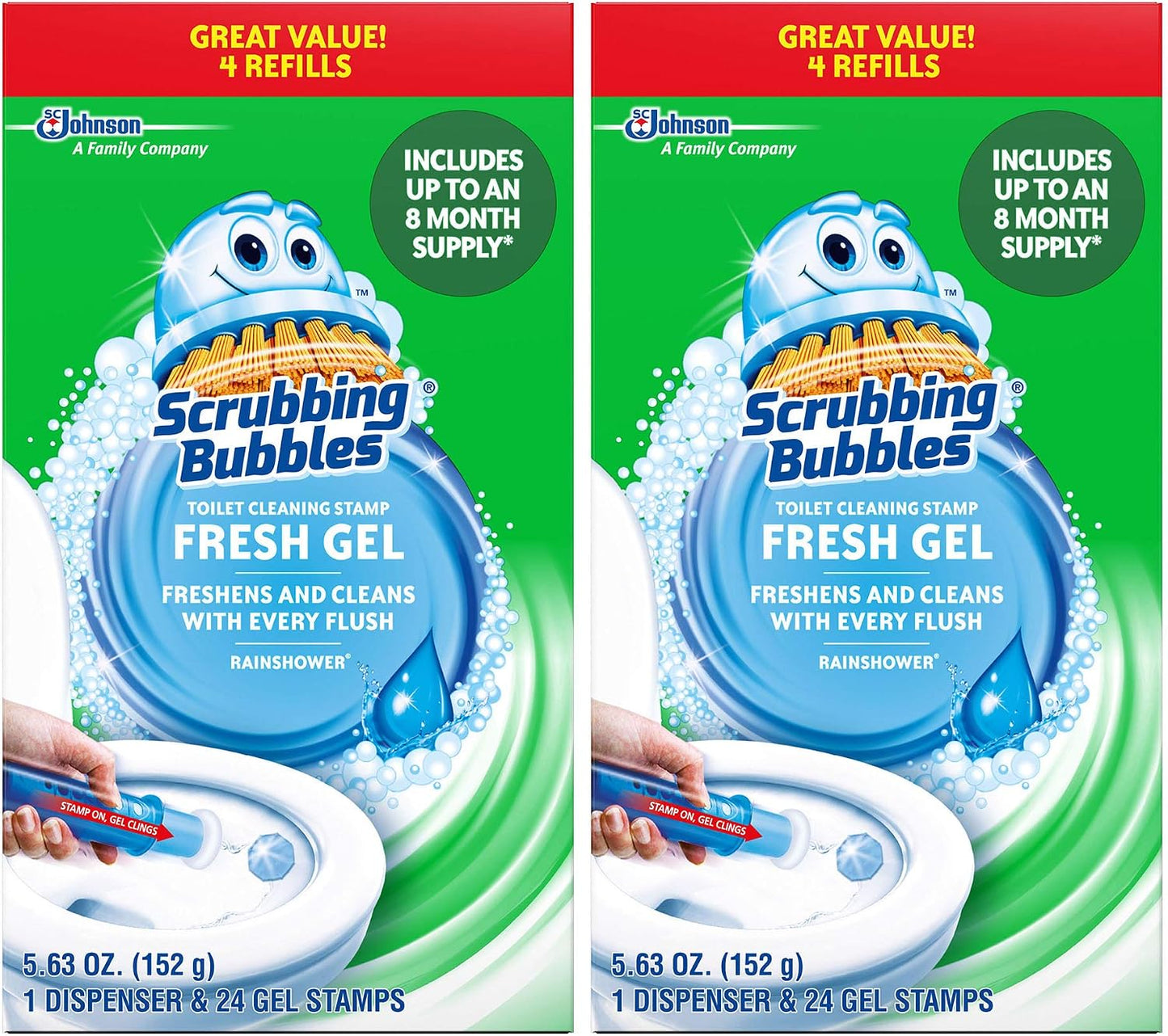 Scrubbing Bubbles Fresh Gel Toilet Cleaning Stamp Refill Value Pack, Rainshower, 24 Stamps, 2 Pack