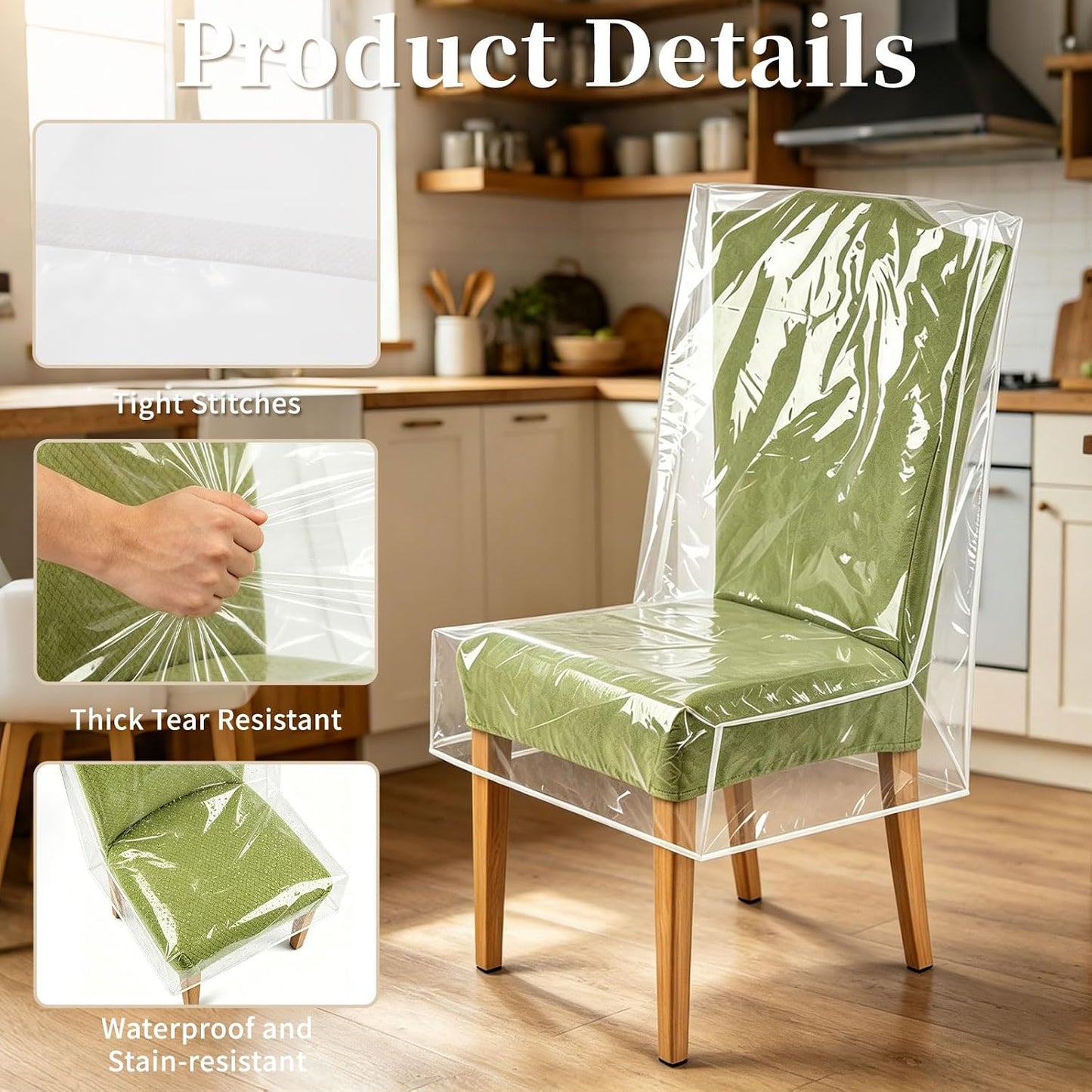 2Pcs Dining Chair Covers, Thicker PE Plastic Seat Covers for Kitchen Chairs, Cat Scratch Proof & Waterproof Protectors for Pet, Dust, Spills (Fits Seat 21" W x 18" D)