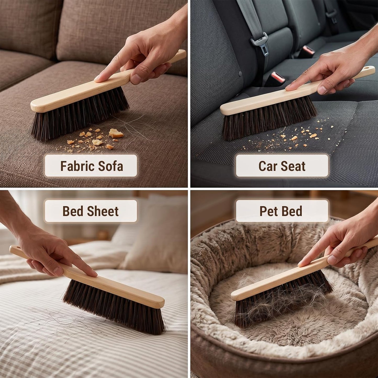 2 Pack Hand Broom Dust Brush with Soft Bristles, Wooden Bench Brush for Countertop, Sofa, Pet Hair, Keyboard, Car and Household Cleaning