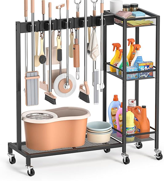 Broom Holder with Cleaning Supplies Organizer, Broom Closet Storage Cabinet by Olakee