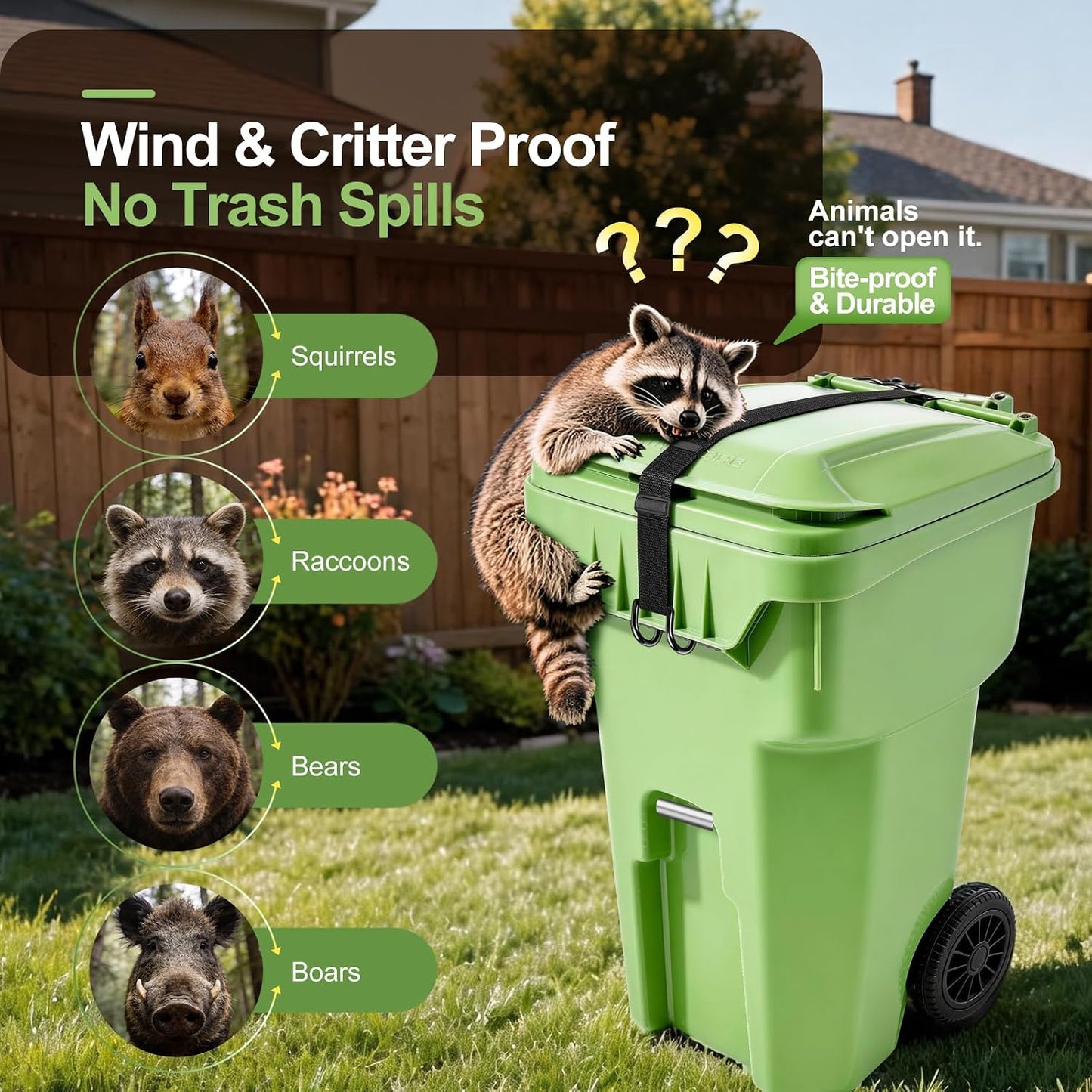 Heavy Metal Non-Slip Double Claw Trash Can Lid Lock, Adjustable Outdoor Garbage Can Lock, Windproof & Animal-Proof (Raccoons, Dogs, Bears), Universal Fit 28-96 Gallon Bins, Easy Install & Auto Release