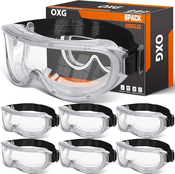 OXG 6 Pack Protective Safety Goggles Anti-Fog, Adjustable Chemical Splash Eye by OXG