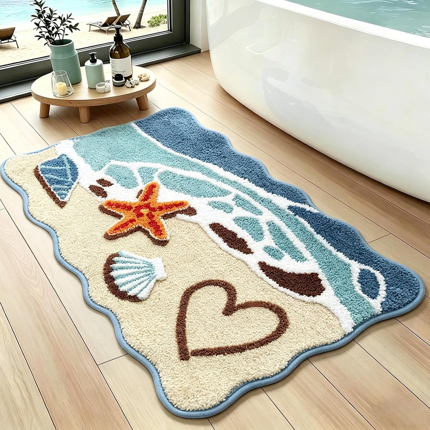 Beach Bathroom Rug 20x32 Inch, 3D Textured Coastal Ocean Wave Scalloped Bath Mat with Starfish Shell Decor, Soft Microfiber Absorbent Non-Slip Washable Bath Rug for Bathroom, Kitchen, Entryway
