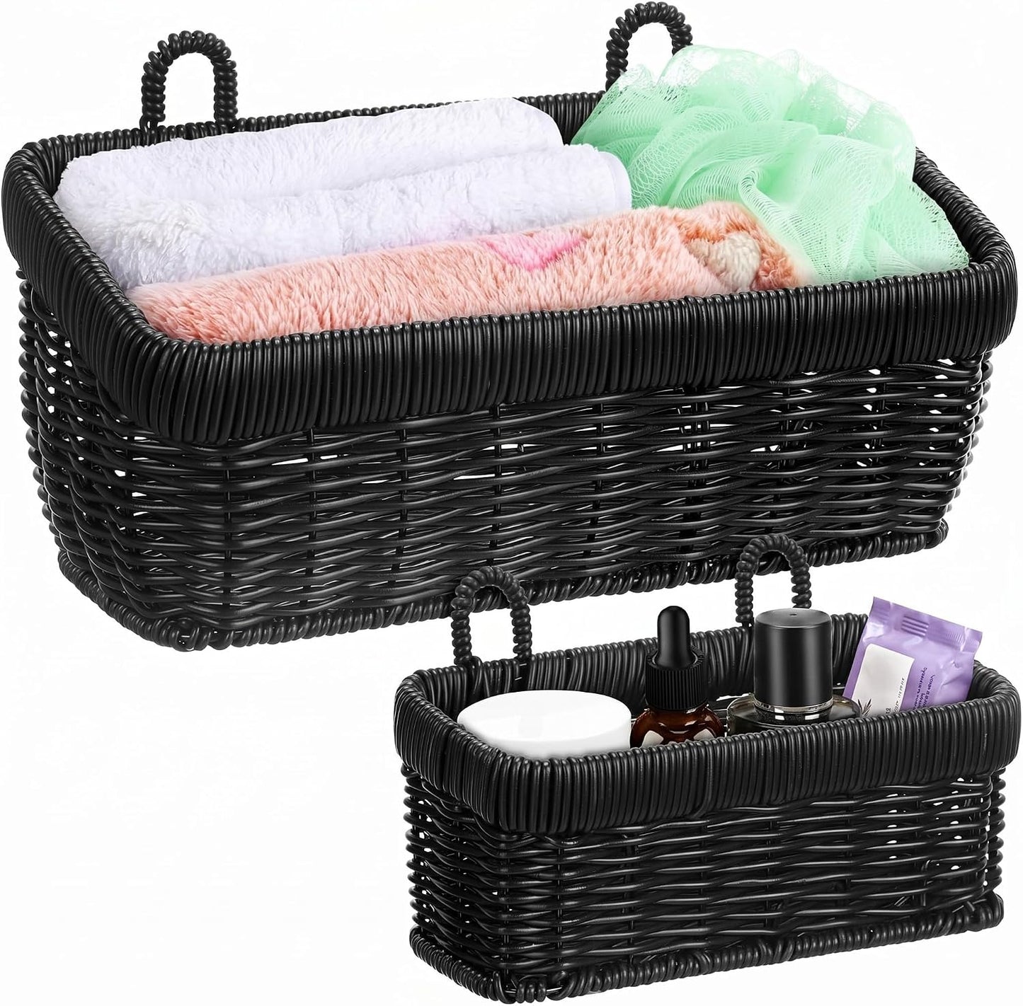 Tioncy 2 Pcs Woven Hanging Wall Baskets for Storage Boho Style Hanging Storage Plastic Woven Baskets with 4 Hooks for Kitchen Garden Living Room