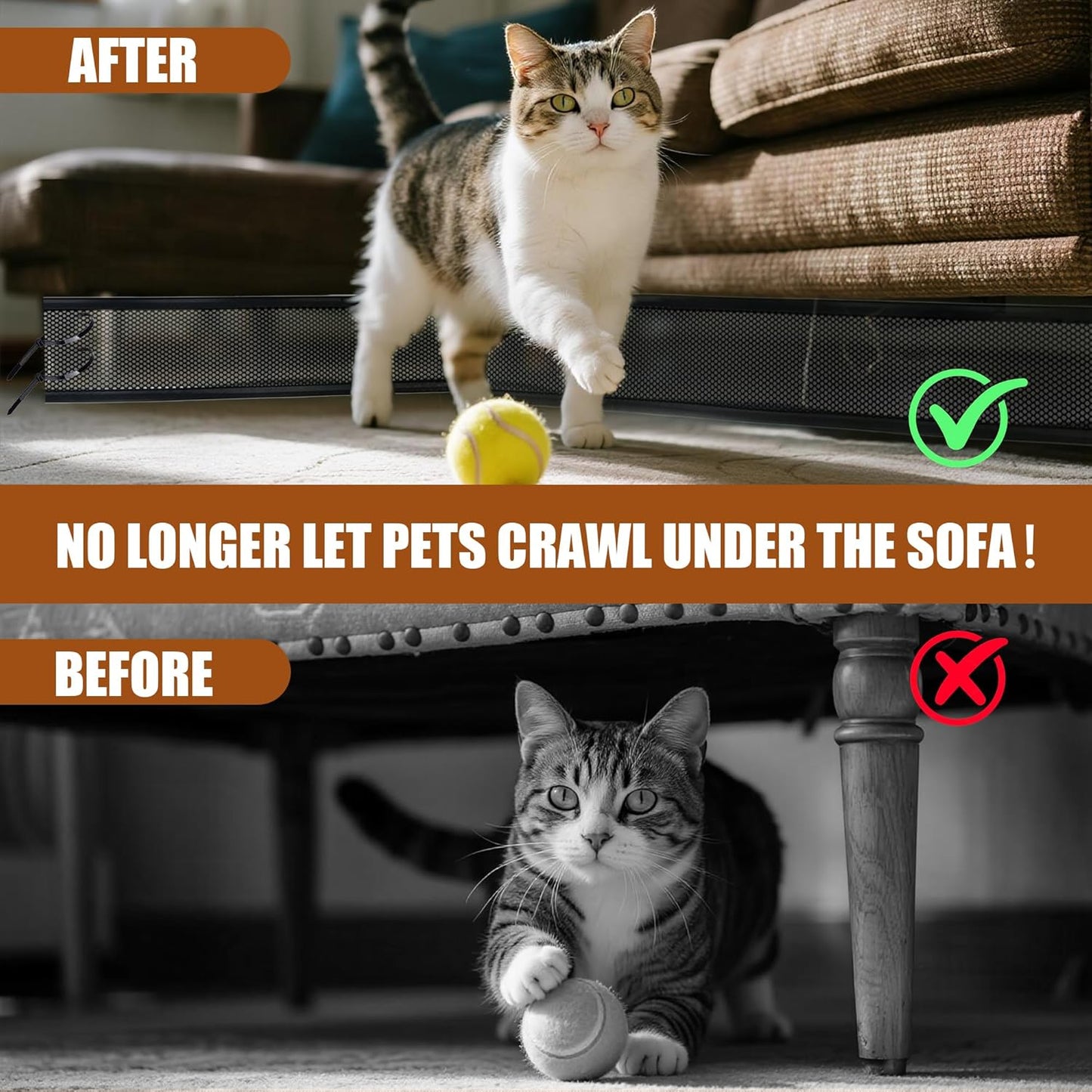 Under Couch Blocker for Pets and Toys, 6in x 32.8ft Upgraded Under Bed Blocker with 15 Mounting Bases and 6 Hook and Loop, Toy Blocker for Couch, Stop Cats Dogs Going Under Sofa (Black)