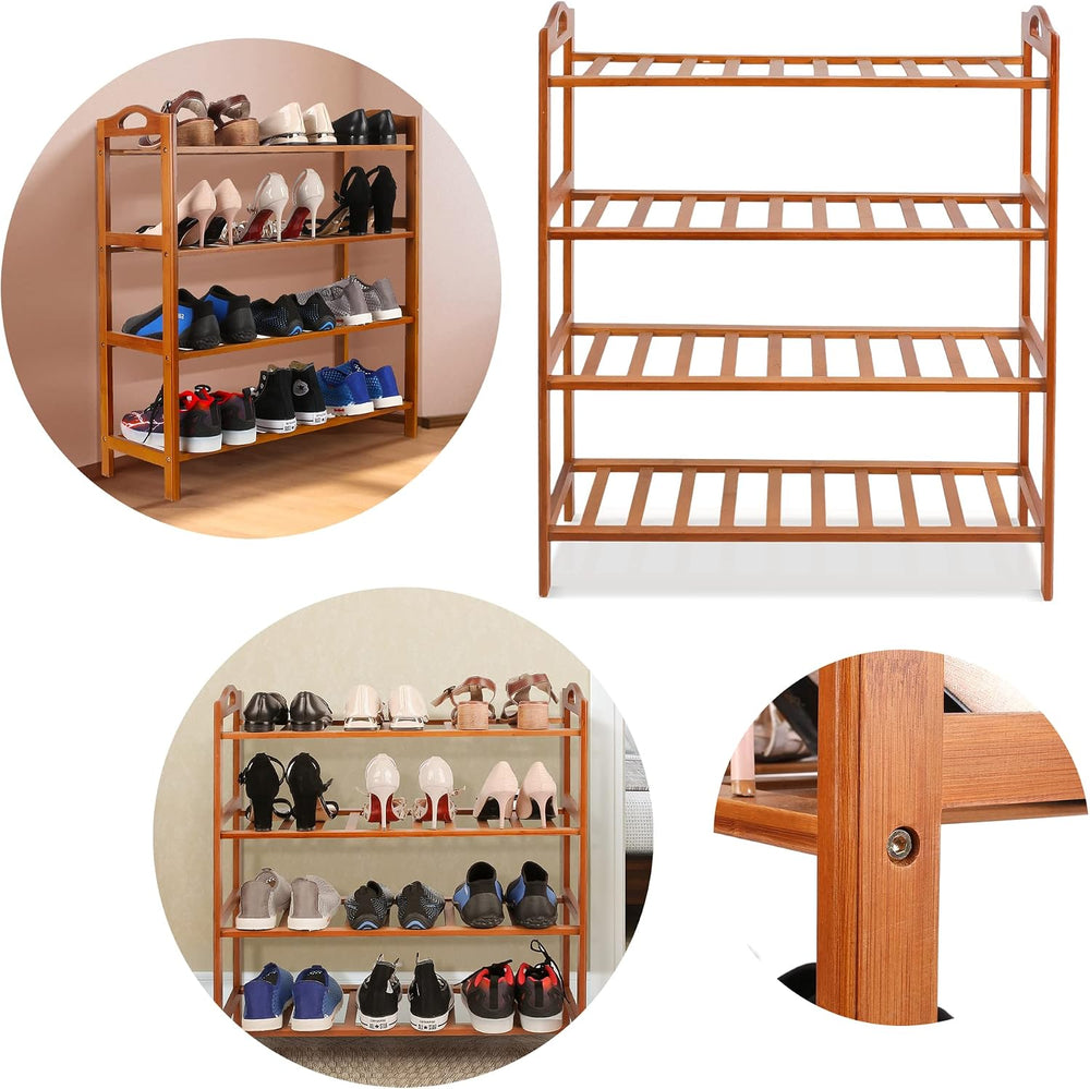 Bamboo Shoe Rack, 4-tier Shoe Shelf with Handle, Open Storage Shelf Organizer...