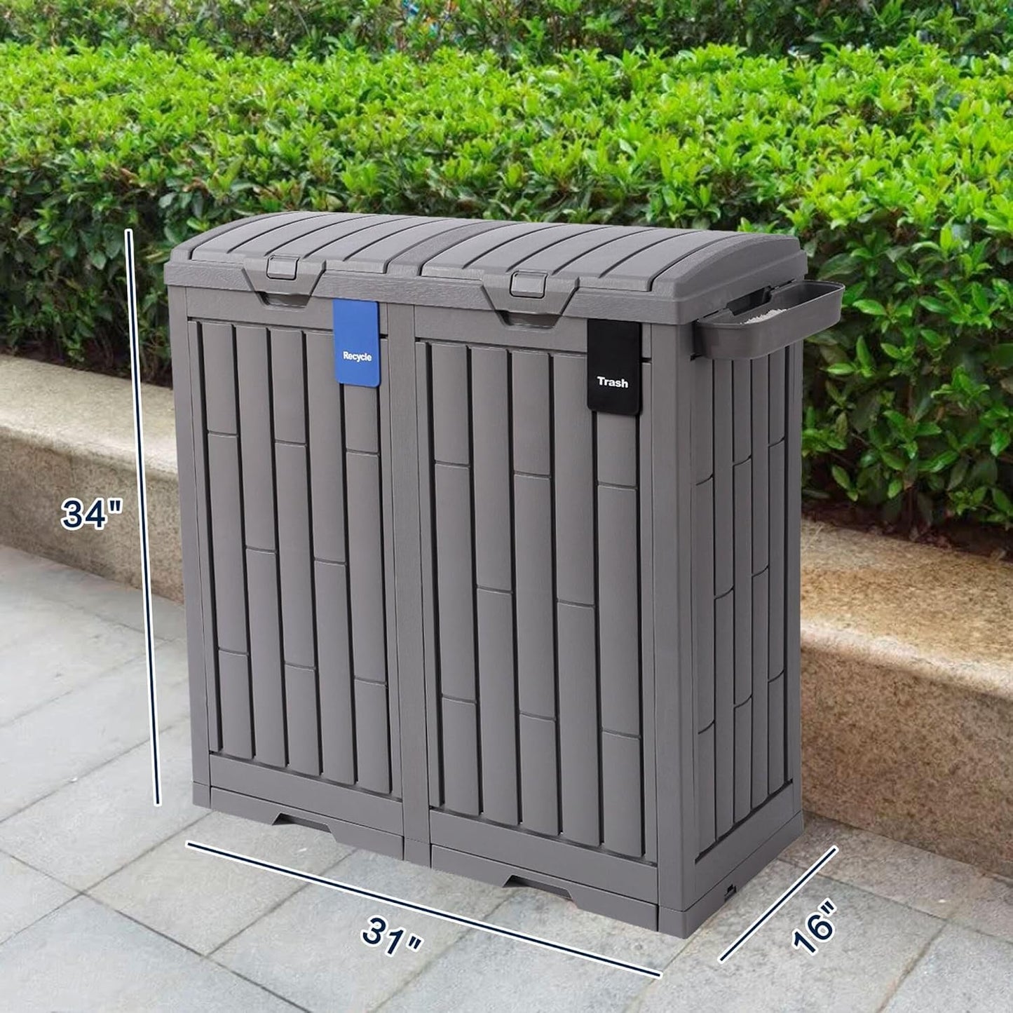 Ashfield & Harkness 62-Gallon Outdoor Trash Can with Ash Tray & Lid | Dual 31-gal compartments for trash & recycling, weather-resistant resin, anti-wind fixing accessories, sliding drip tray
