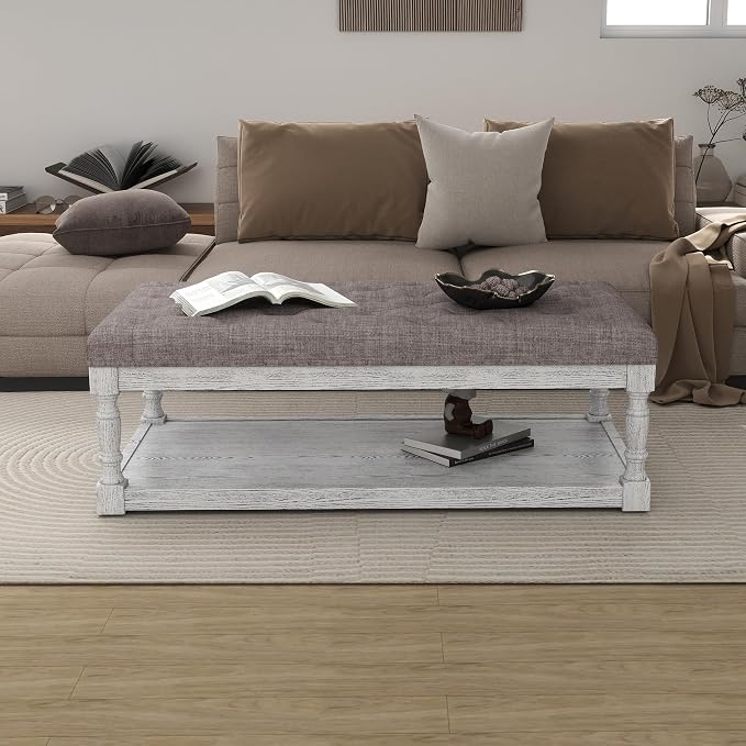 48" Large Ottoman with Storage Coffee Table, Upholstered Tufted Linen Ottoman - Image 7
