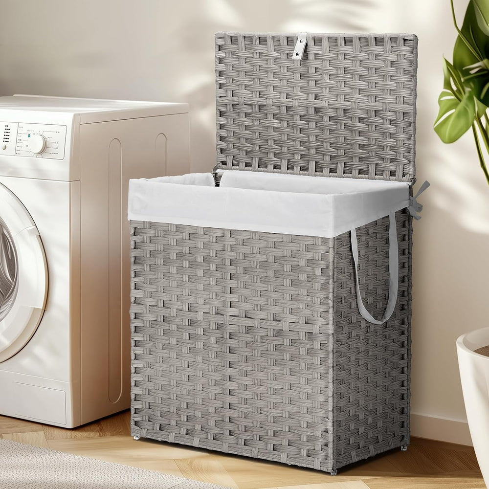 110L Laundry Hamper with Lid, Hand-Woven Pp Rattan Laundry Basket with Compar...