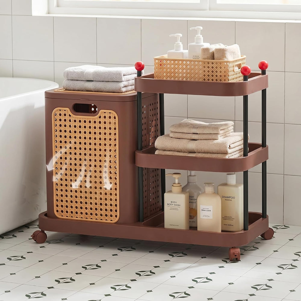 VECELO Rattan-Style Rolling Laundry Hamper Cart, 3-Tier Storage Shelf with Wh...