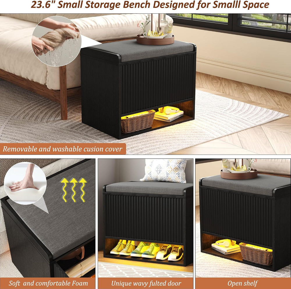 HOMEFORT 23.6" Fluted Shoe Storage Bench, Small Entryway Bench with Line...