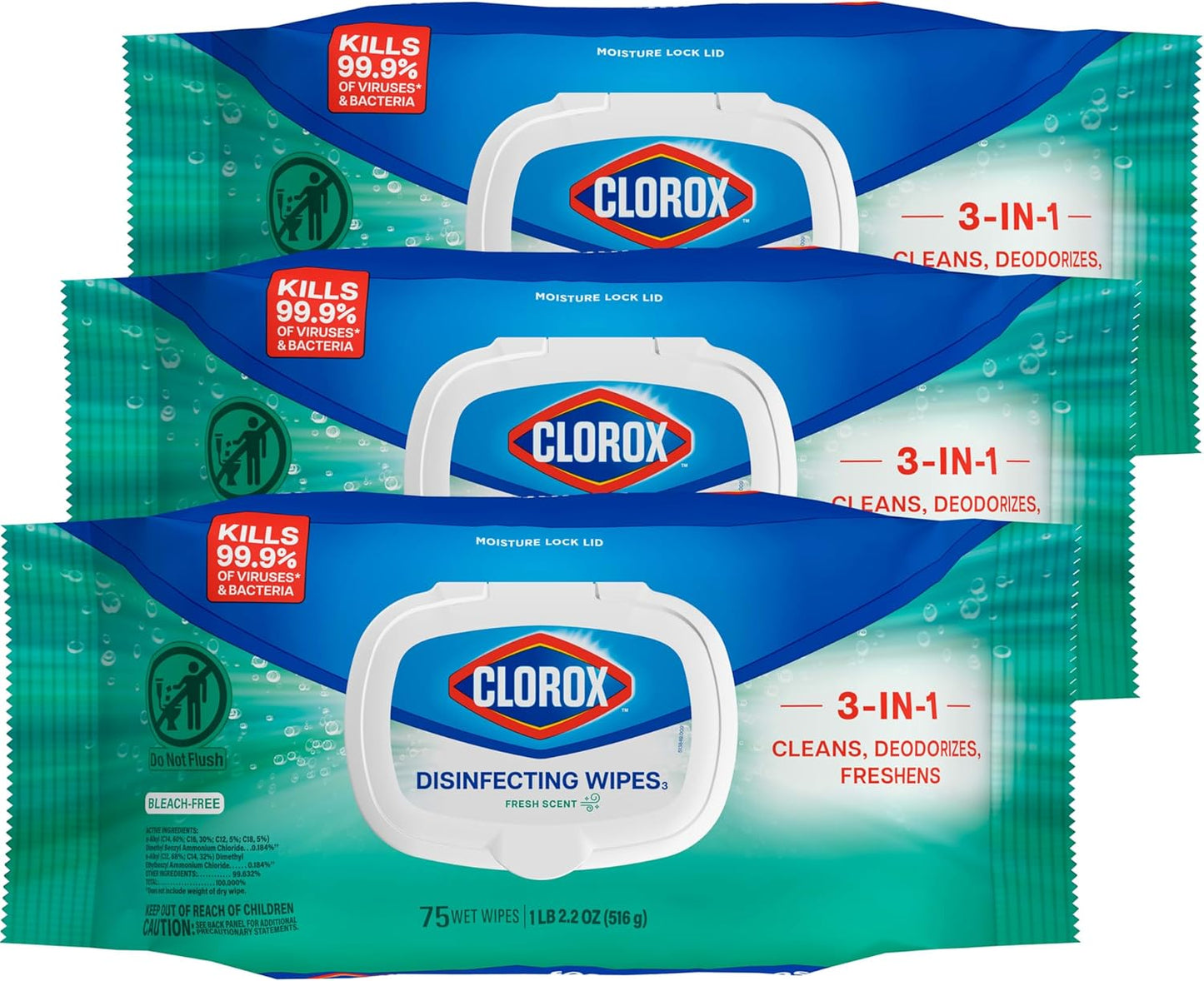 Clorox Disinfecting Wipes, Fresh Scent, 75 Count, 3 Pack