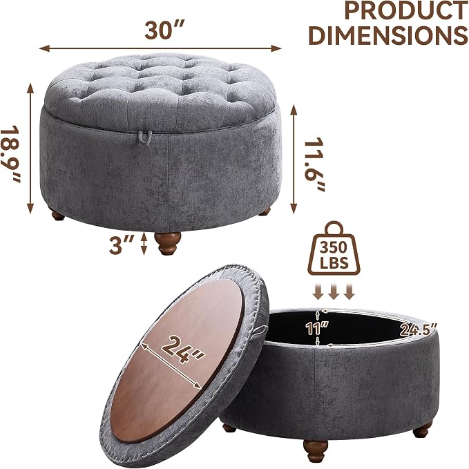30Inch Round Storage Ottoman - Image 2