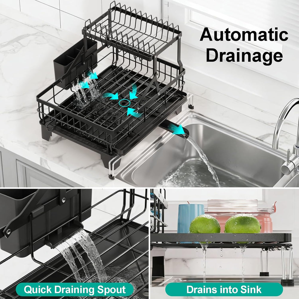 iSPECLE 2 Tier Dish Drying Rack - Expandable Over Sink & Counter Use, Black