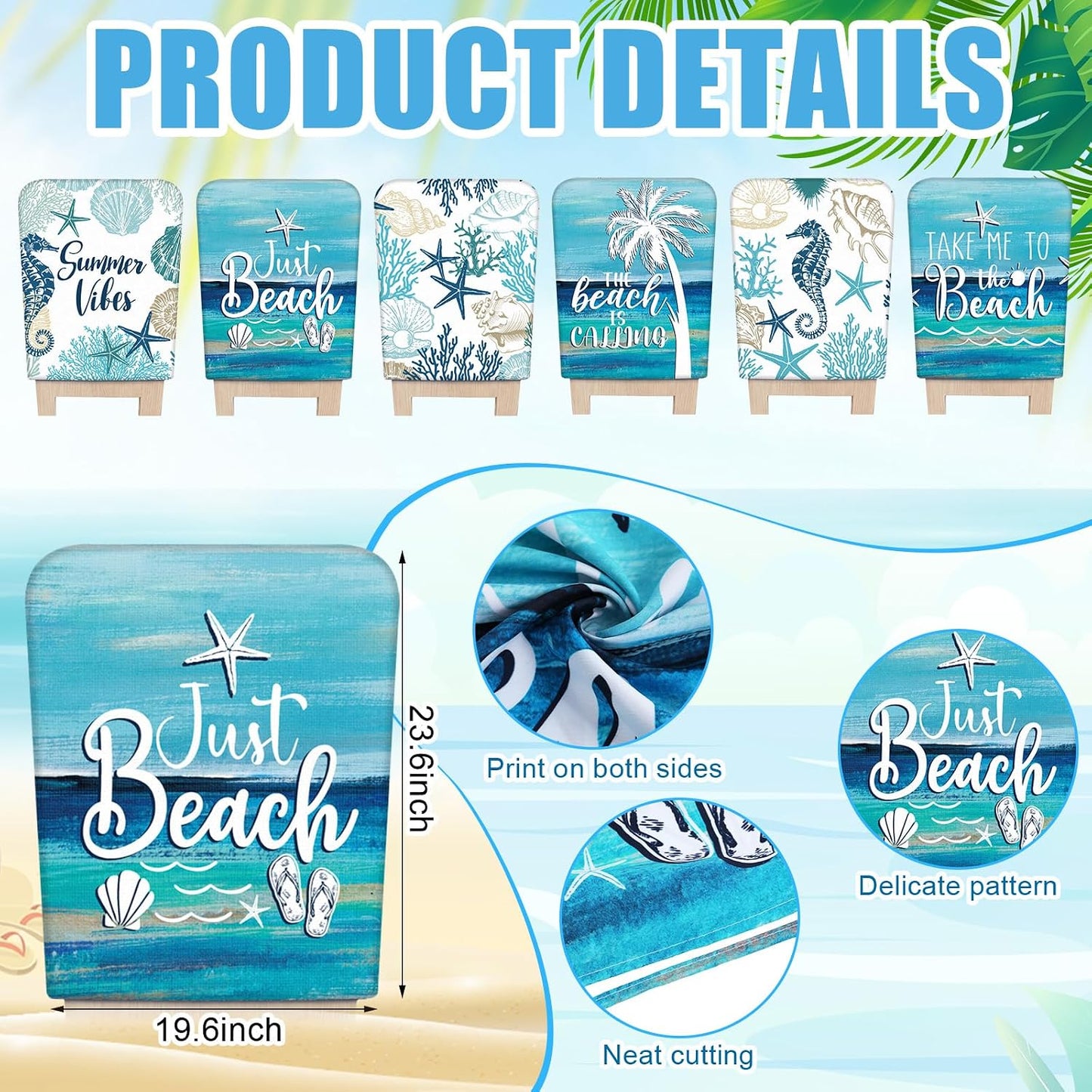 FuWeave 6 Pcs Summer Beach Chair Covers Blue Ocean Coastal Chair Back Covers Decorative Starfish Coral Seat Protector Washable Nautical Dining Room Slipcovers for Farmhouse Hotel Kitchen Decor