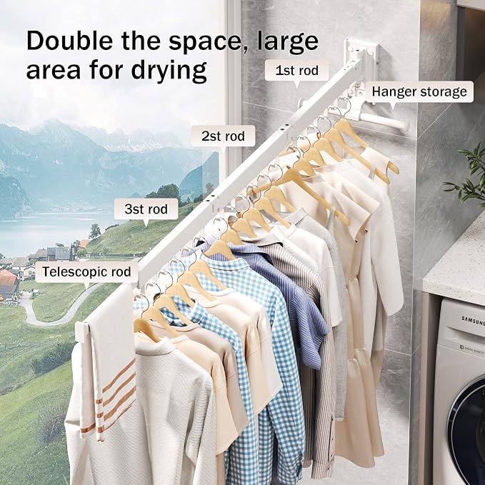 Drying Rack, Wall Mounted Clothes Rack, 220lbs Capacity - Image 5