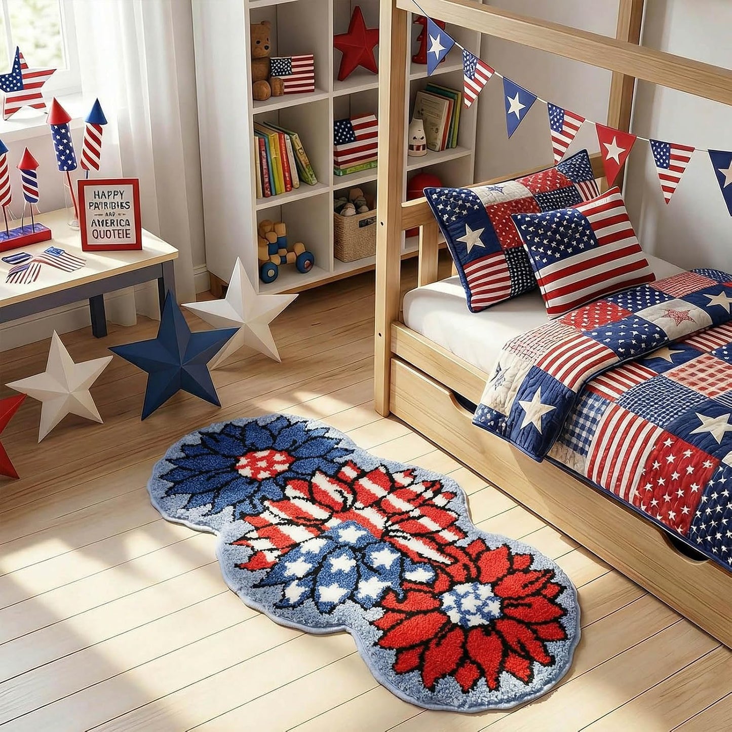 Mocsicka 4th of July Bathroom Rug, Non-Slip 250 Anniversary Patriotic Sunflower Bathroom Mat Machine Washable Tufted Independence Mat, Outdoor Soft Absorbent Rug (Red and Blue, 18x36 inch)