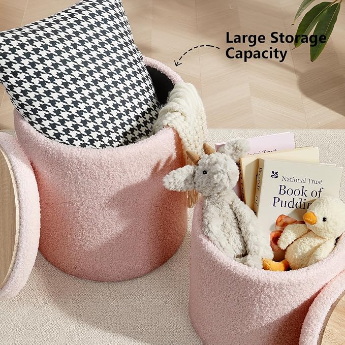 Boucle Round Ottoman with Storage Set of 2, Small Foot Stool Ottoman - Image 4
