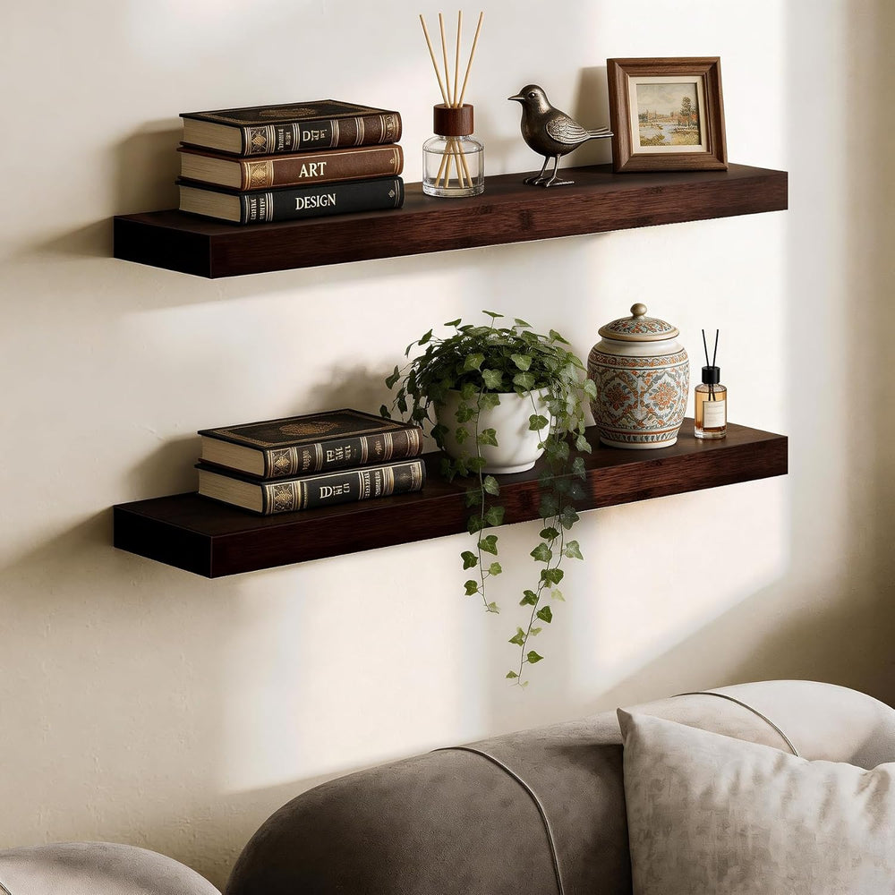 BAMEOS Solid Bamboo Floating Shelves, Set of 2 with Invisible Brackets, Natur...
