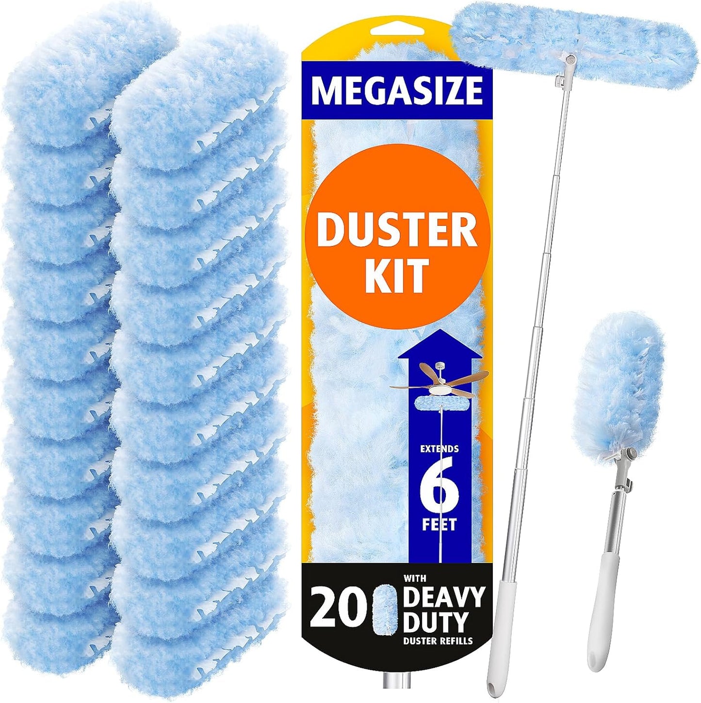 6 ft Extendable Duster Handle with 20 Refills, Compatible with Swiffer, Disposable Microfiber Dusting Pads for Home Cleaning, Ceiling, Fan, Window, Hard-to-Reach Areas