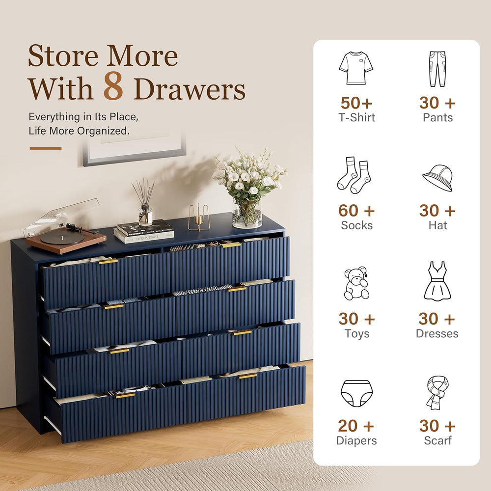Furniway Navy Blue Dresser for Bedroom, Modern Dresser with 8 Drawers and Smo...