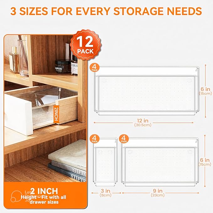 12-Pack Clear Plastic Drawer Organizer Trays – Multi-Use Acrylic Storage Bins - Image 3
